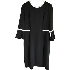 Calvin Klein Sheath Dress Black with White trim‎ Ruffle sleeves Stretch Zipped